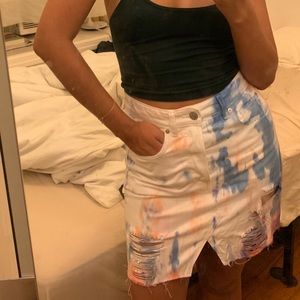 Tie dye white denim mini skirt